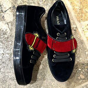 PRADA Black Velvet Sneakers Red Logo Strap Size 38